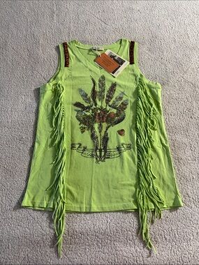 Delta Neon Lime Fringe Embellished Graphic Western Tank Large New